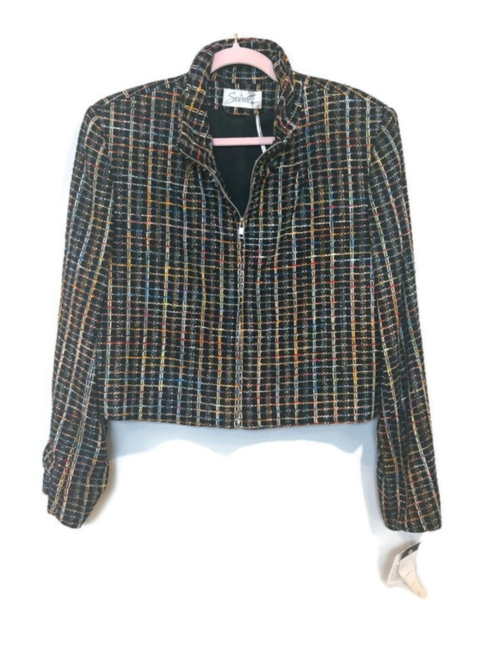 Soiree Handwoven Silk Vintage Black Multi-Color Tweed Zip-Front Cropped Jacket